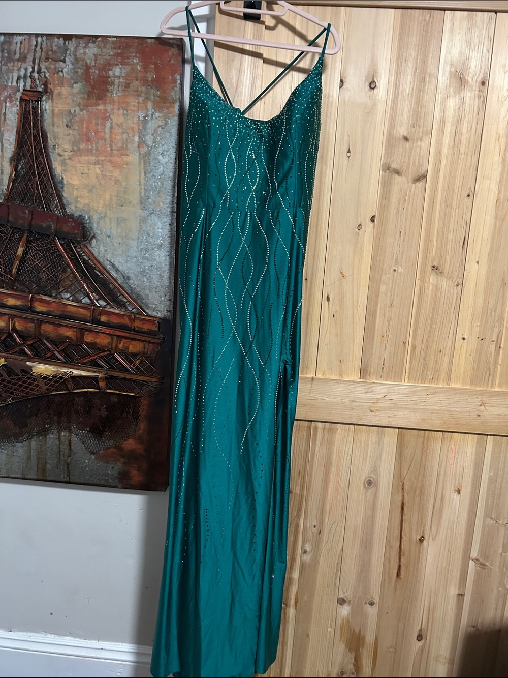 Glow Teal Beaded Side slit Corset &Zip Dress with Spaghetti Straps